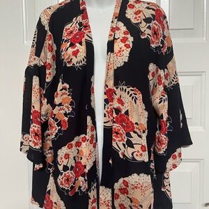 Laurie Felt Women Small Floral Open-Front Cardigan kimono dark navy blue orange